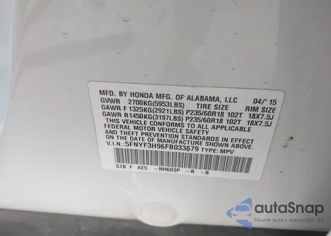 2015 Honda Pilot Touring from USA, damaged, VIN 5FNYF3H96FB033679
